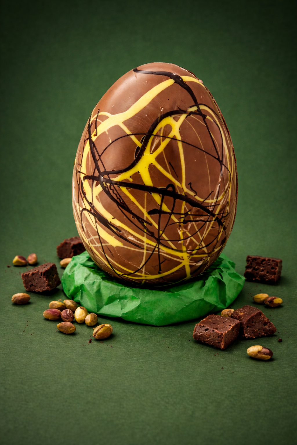 Decorative chocolate egg with drizzle on a green surface