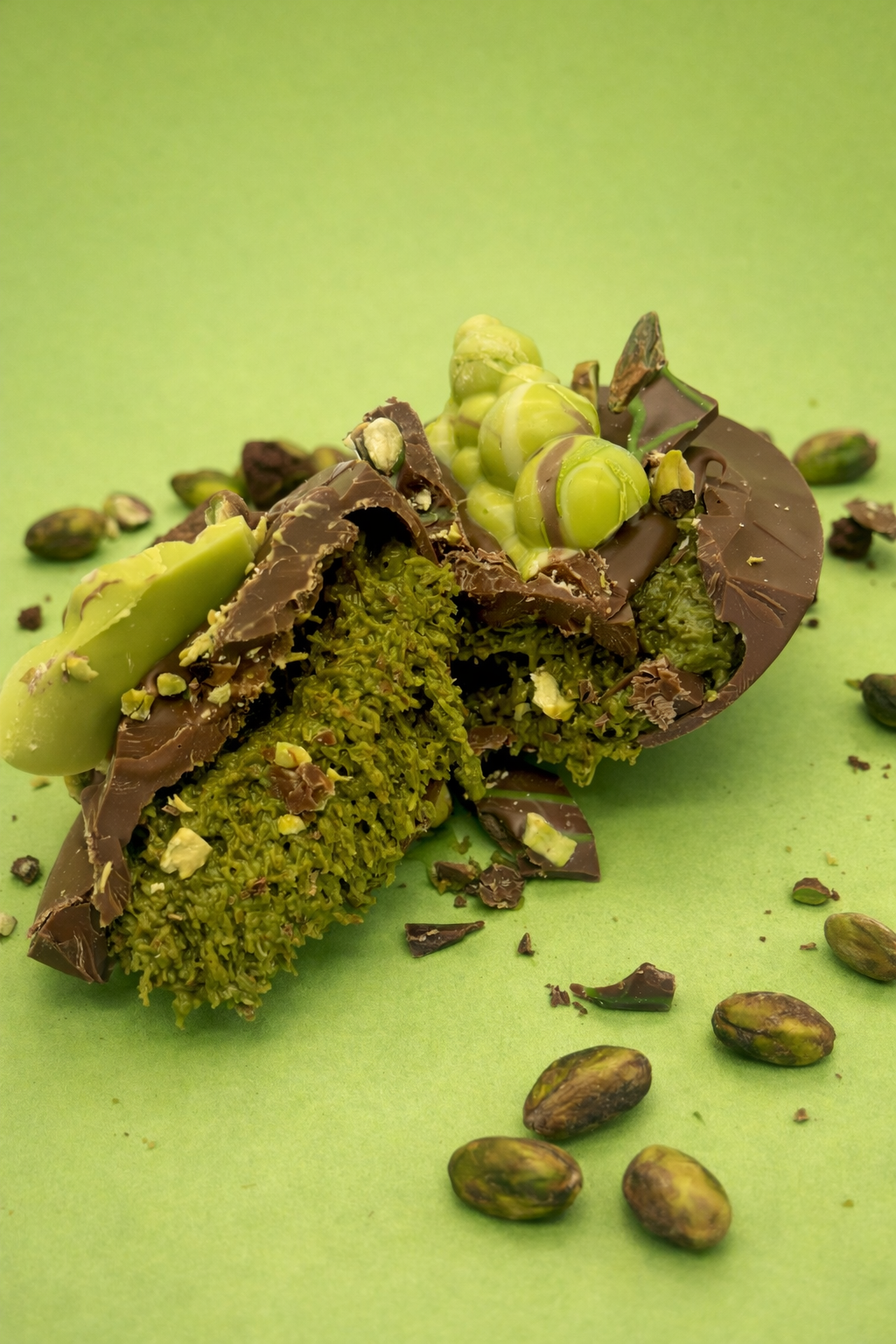 Green chocolate half egg with pistachios on a green background