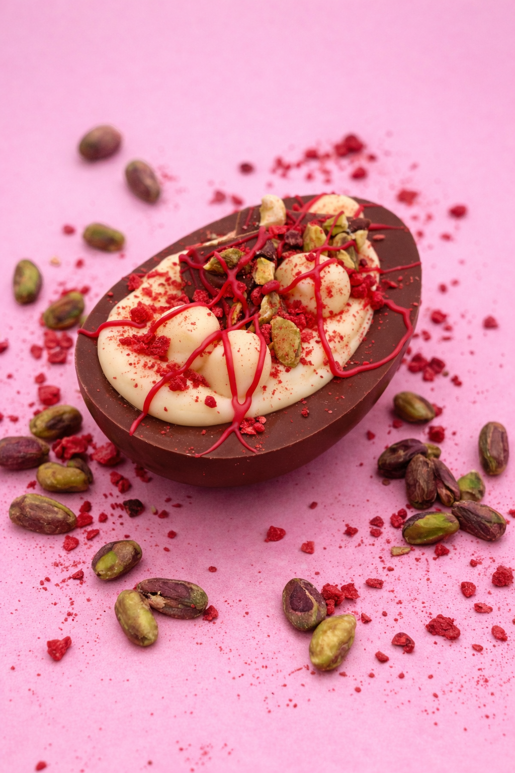Decorative chocolate egg with white filling, red drizzle, and green pistachios on a pink background