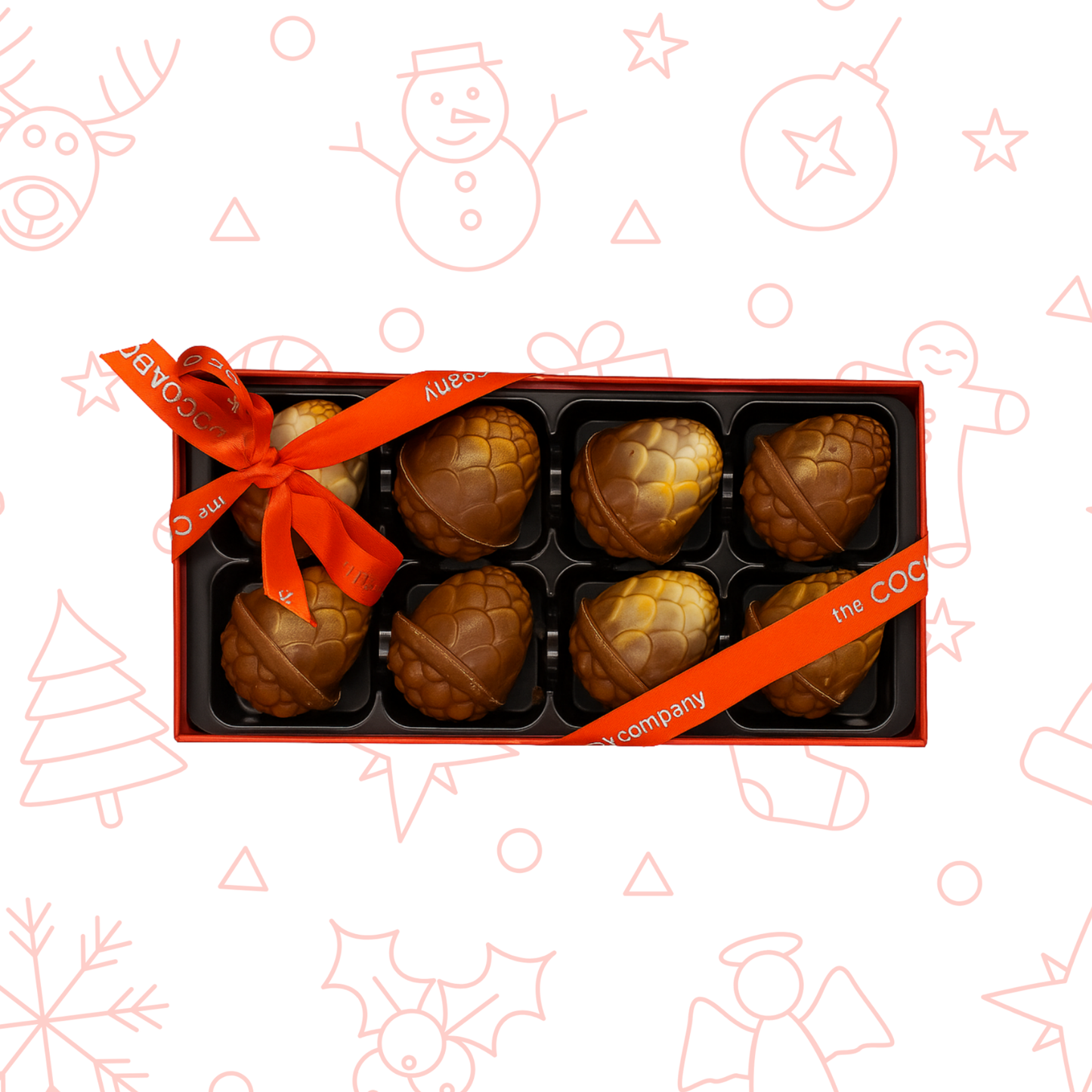 Box of chocolates with a red ribbon on a festive background