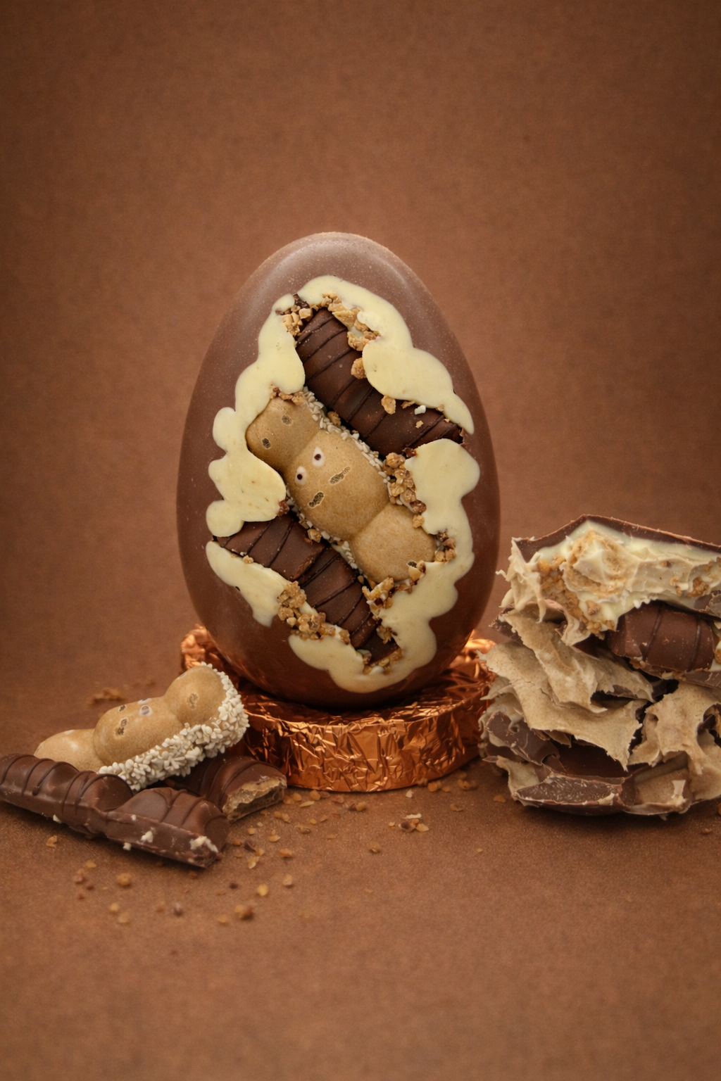 Decorative chocolate egg with a kinder filling on a brown background