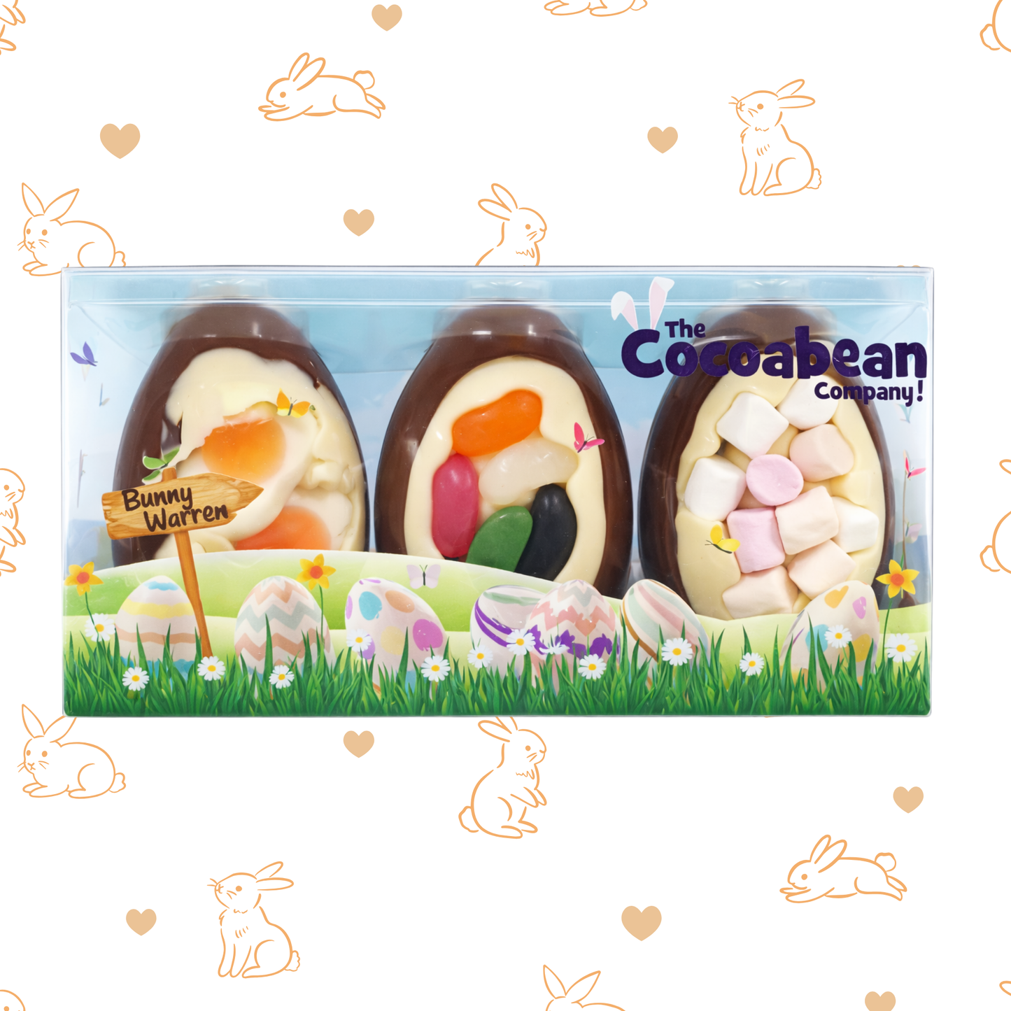 Packaged Easter eggs with visible branding on a decorative background with bunnies and hearts.