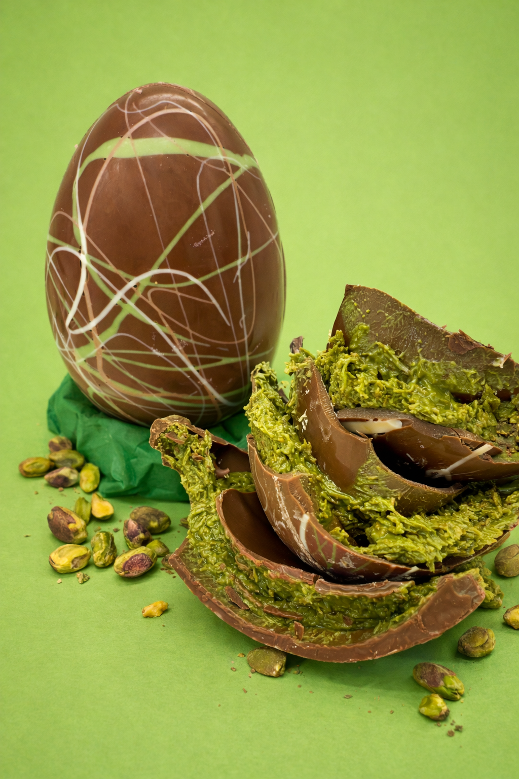 Chocolate Easter egg with green shell and white drizzle on a green background