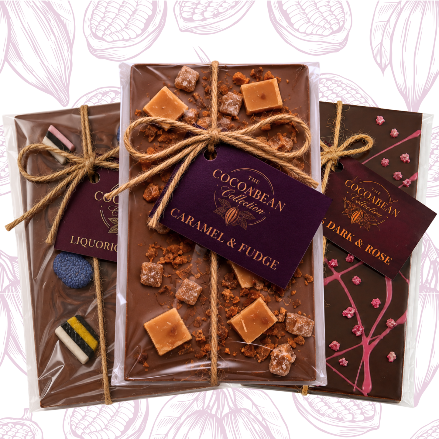 Chocolate bars with caramel and fudge from The Cocoabean Collection on a decorative background.
