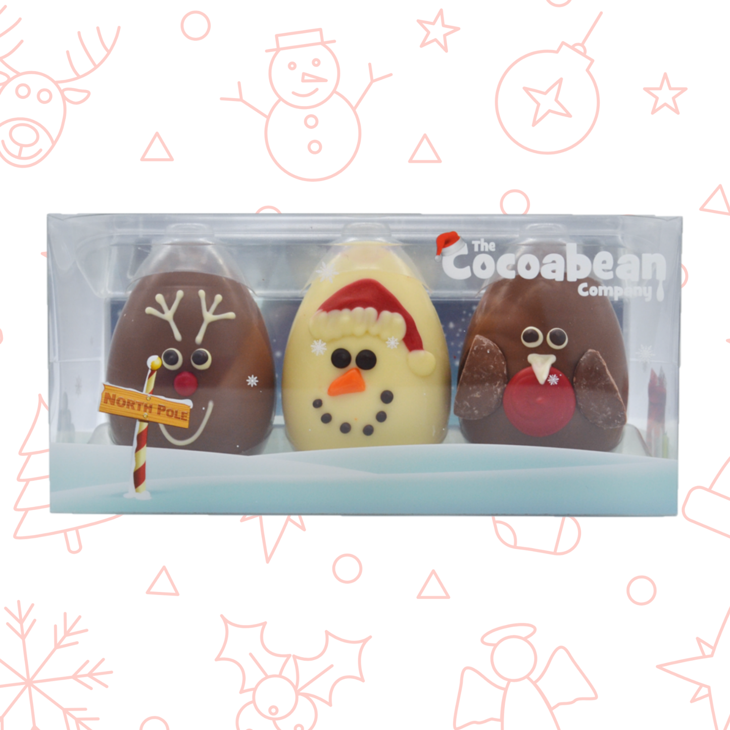 Three chocolate figurines shaped like a reindeer, snowman, and robin in a box with 'The Cocoabean Company' branding on a decorative background.