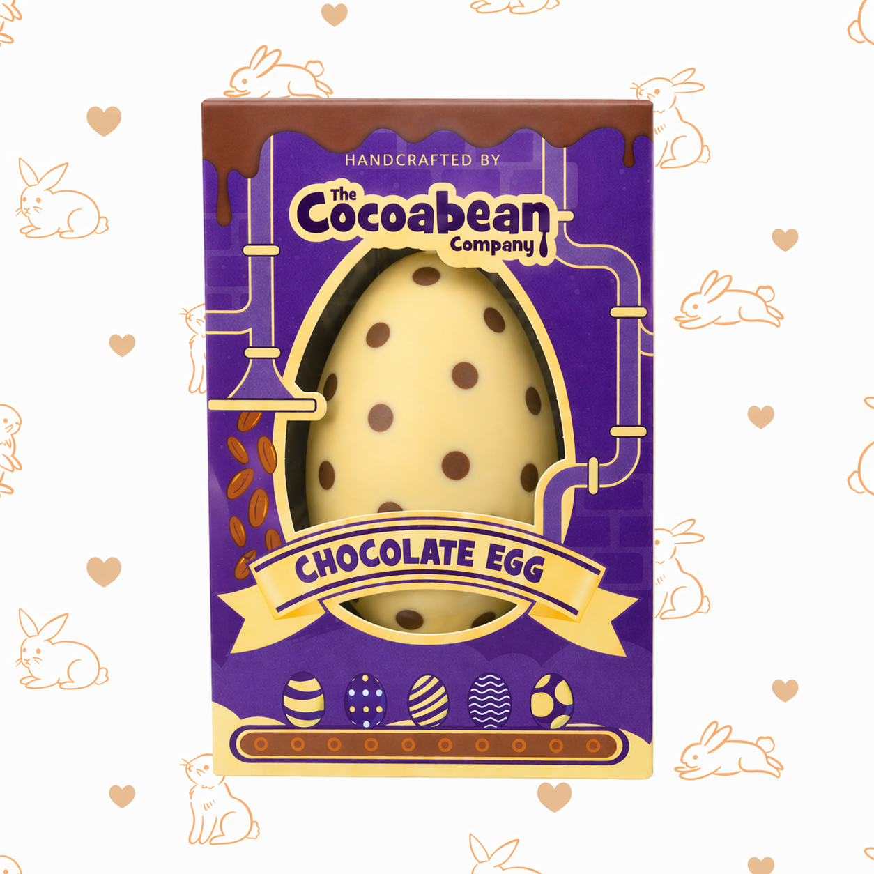 Chocolate egg in a purple packaging with 'Cocoabean Company' branding on a decorative background.