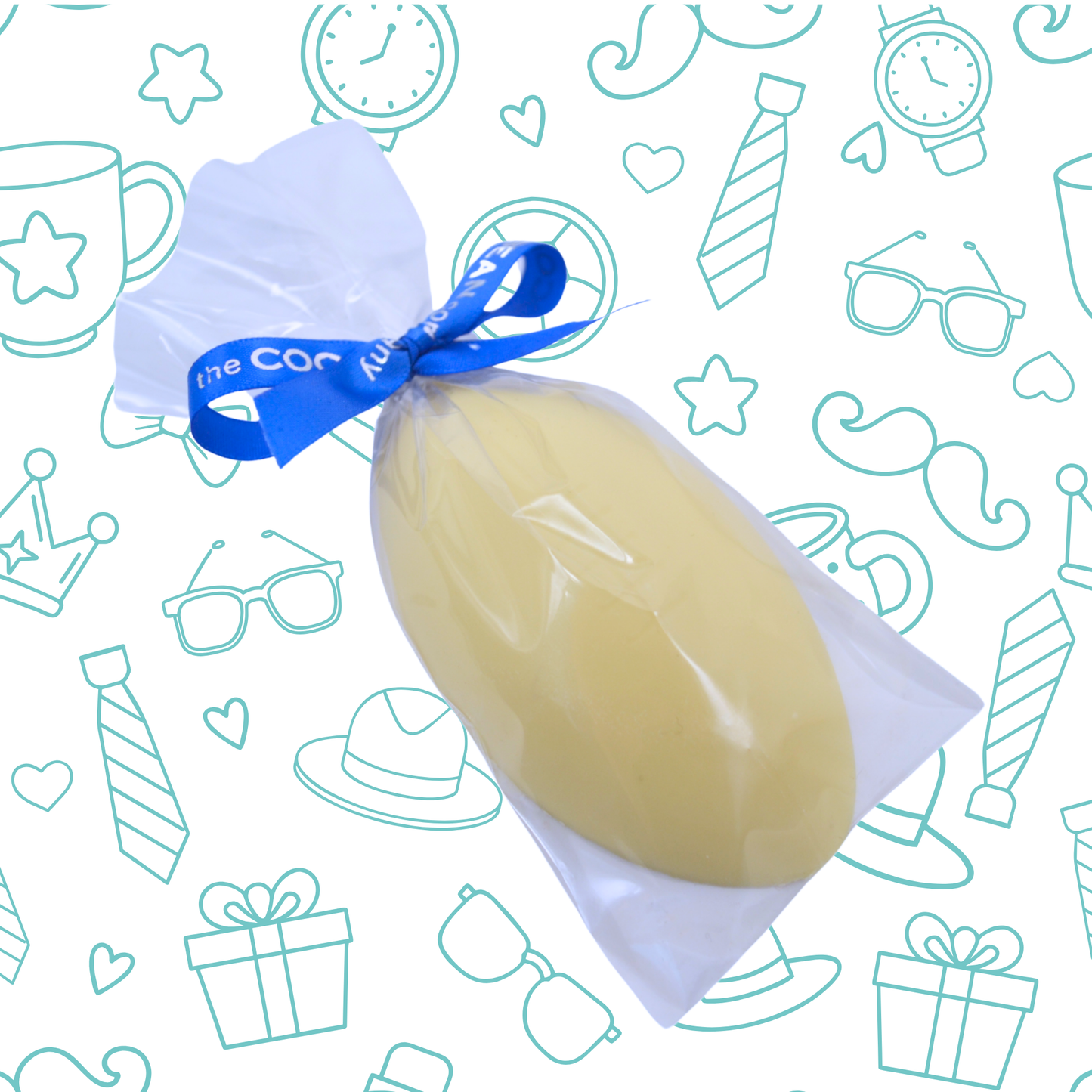 Packaged product with a blue ribbon on a white background with decorative icons.