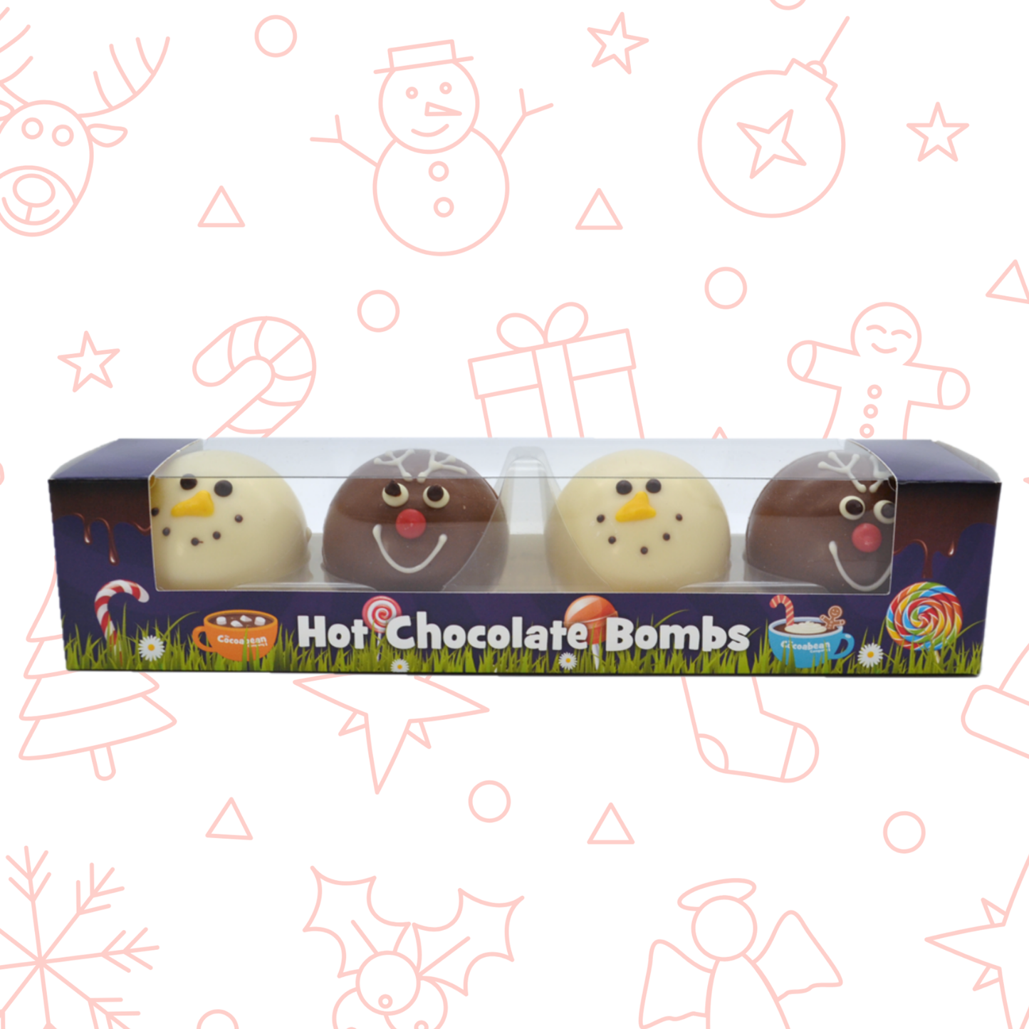 Box of Hot Chocolate Bombs with cartoon faces on a festive background