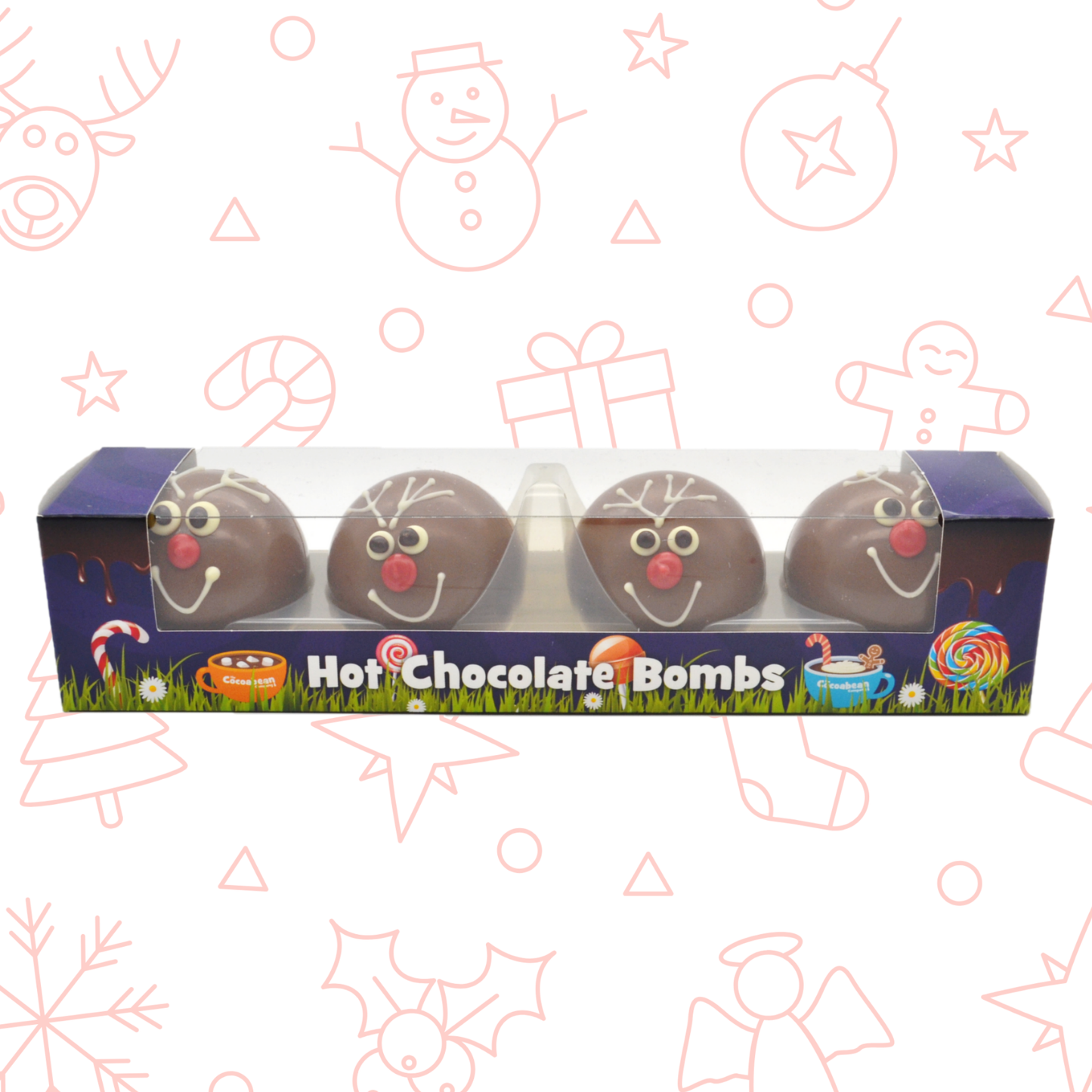 Box of hot chocolate bombs with Christmas-themed illustrations on a white background