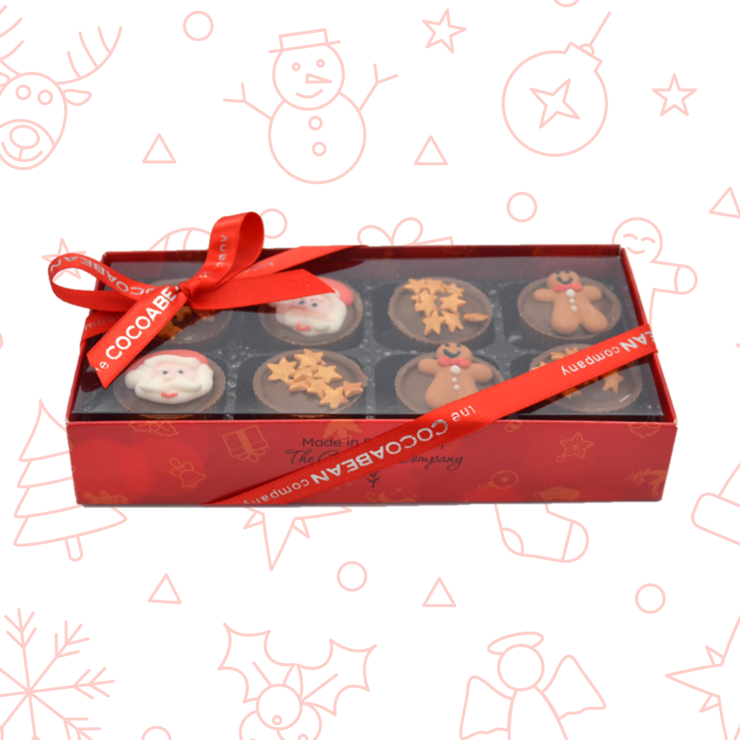 Box of Christmas-themed chocolates with a red ribbon on a festive background