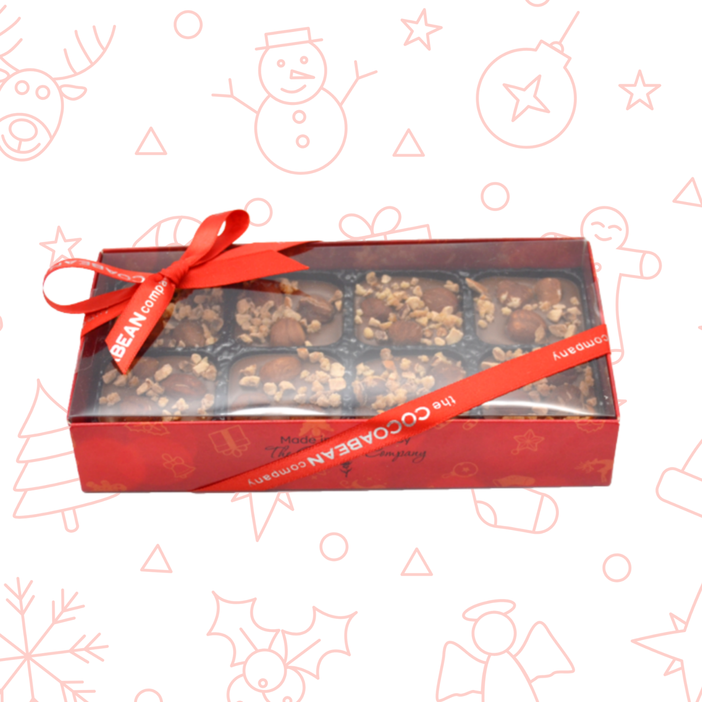Box of chocolates with a red ribbon on a festive background