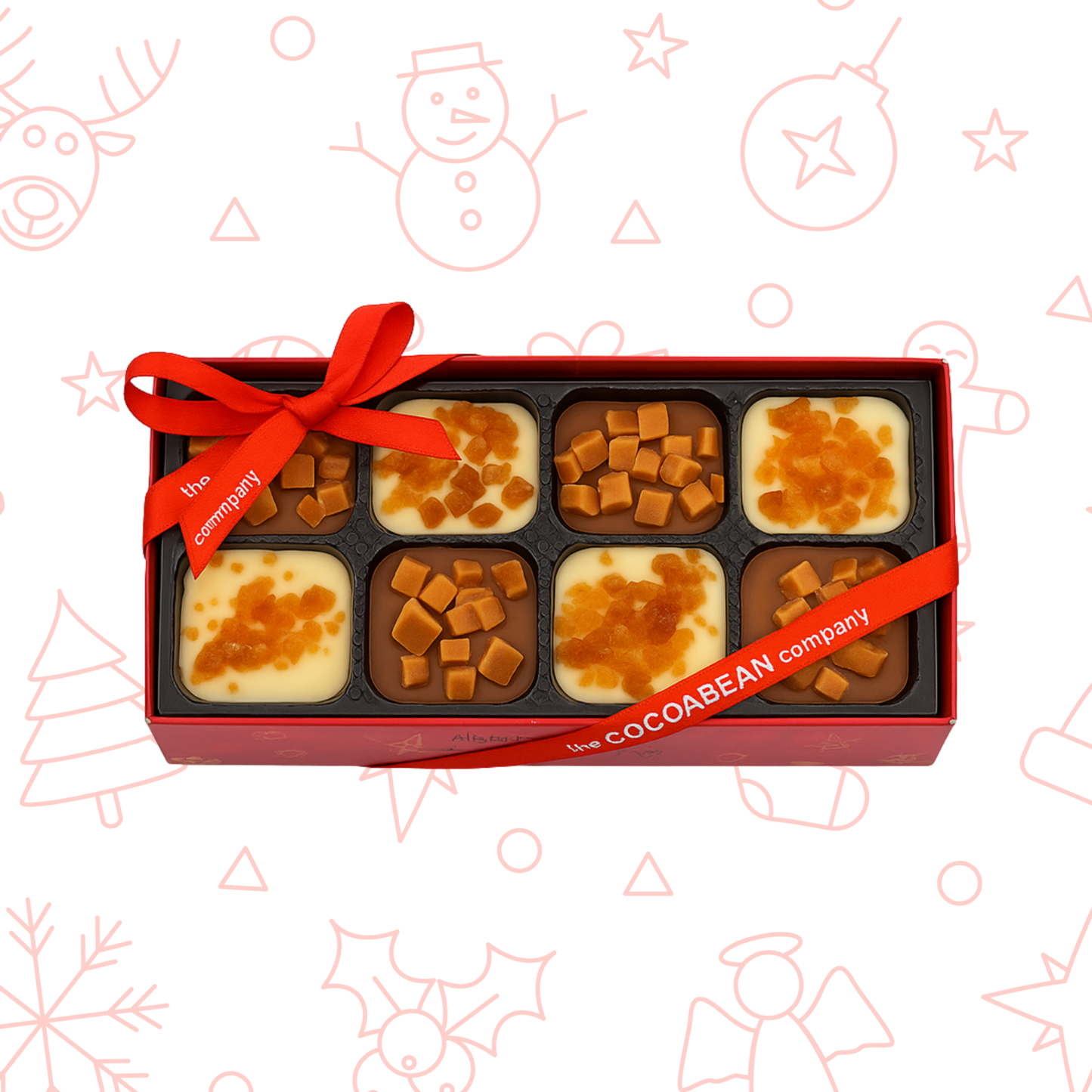 Box of assorted toffee chocolates with a red ribbon on a festive background