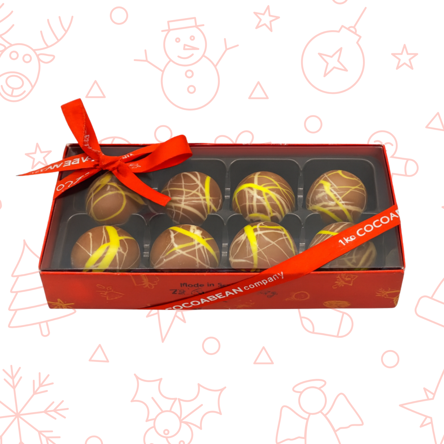 Box of chocolates with a red ribbon on a festive background