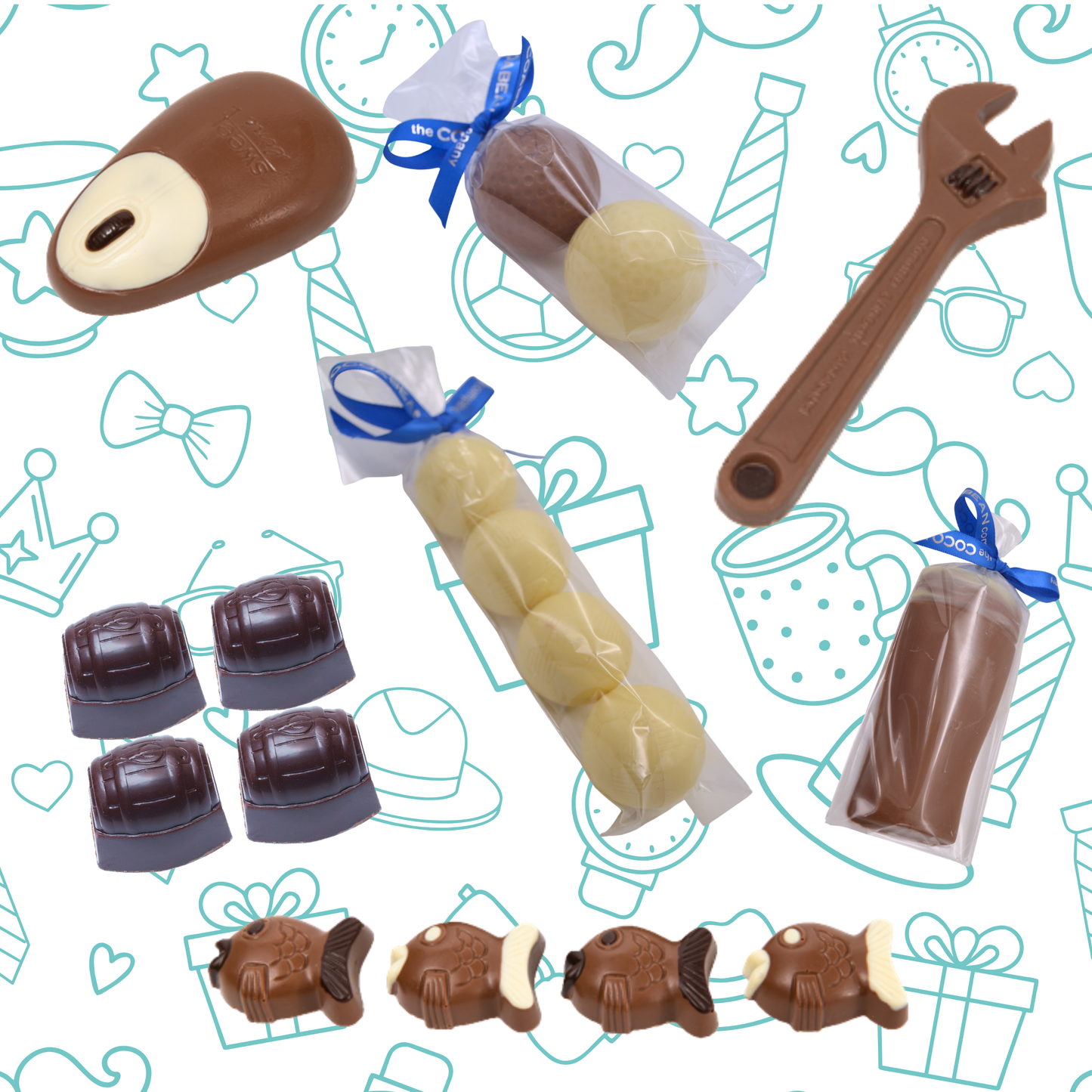 Assorted chocolate items including a computer mouse, fish, and a wrench on a decorative background.